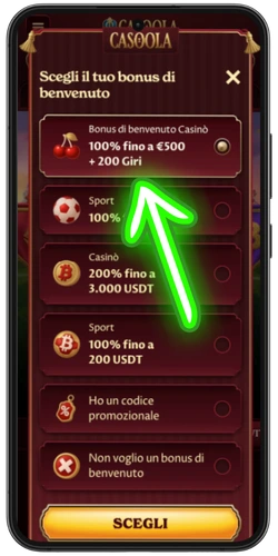 Selezione del bonus di benvenuto su Casoola