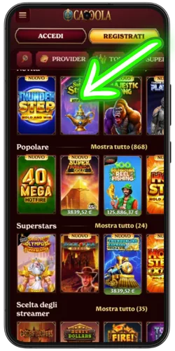 Lobby mobile con le categorie di slot