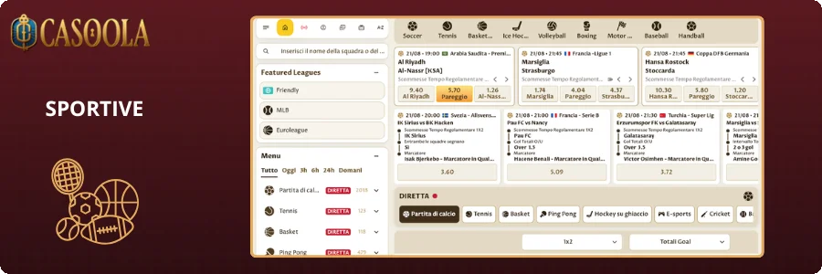 Palinsesto sportivo con quote ed eventi live